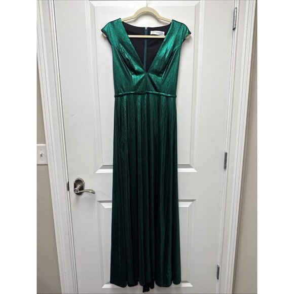 Mac Duggal Size 2 Green 27156 Cap Sleeve Deep V Neck High Slit Metallic Gown New - Picture 4 of 10